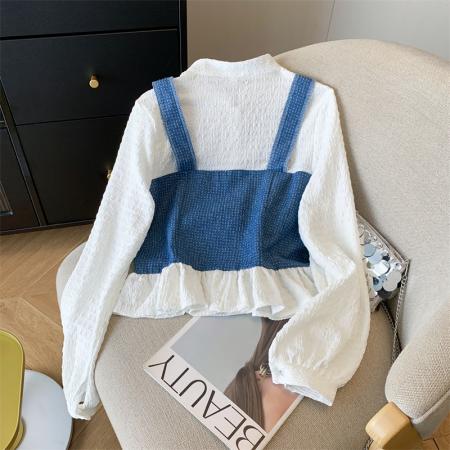 法式韩版假两件衬衫设计感小众泡泡袖上衣牛仔拼接 服裝批發女裝批發服飾貨源