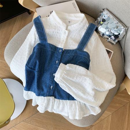 法式韩版假两件衬衫设计感小众泡泡袖上衣牛仔拼接 服裝批發女裝批發服飾貨源