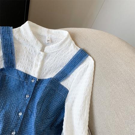 法式韩版假两件衬衫设计感小众泡泡袖上衣牛仔拼接 服裝批發女裝批發服飾貨源