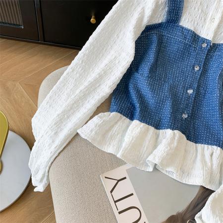 法式韩版假两件衬衫设计感小众泡泡袖上衣牛仔拼接 服裝批發女裝批發服飾貨源