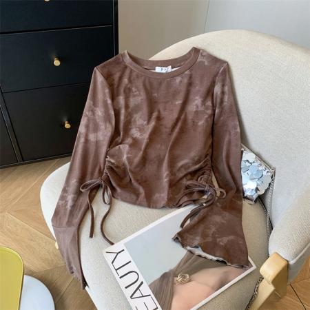 甜辣妹扎染抽绳喇叭袖上衣纯欲长袖T恤 服裝批發女裝批發服飾貨源