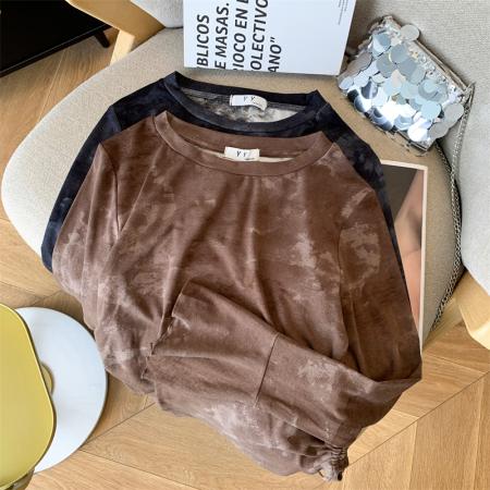 甜辣妹扎染抽绳喇叭袖上衣纯欲长袖T恤 服裝批發女裝批發服飾貨源