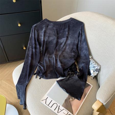 甜辣妹扎染抽绳喇叭袖上衣纯欲长袖T恤 服裝批發女裝批發服飾貨源