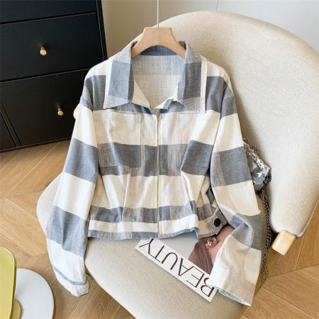 亚麻格子拉链夹克外套女宽松百搭上衣 服裝批發女裝批發服飾貨源