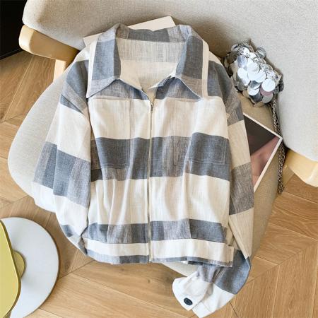 亚麻格子拉链夹克外套女宽松百搭上衣 服裝批發女裝批發服飾貨源