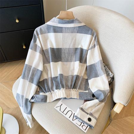 亚麻格子拉链夹克外套女宽松百搭上衣 服裝批發女裝批發服飾貨源