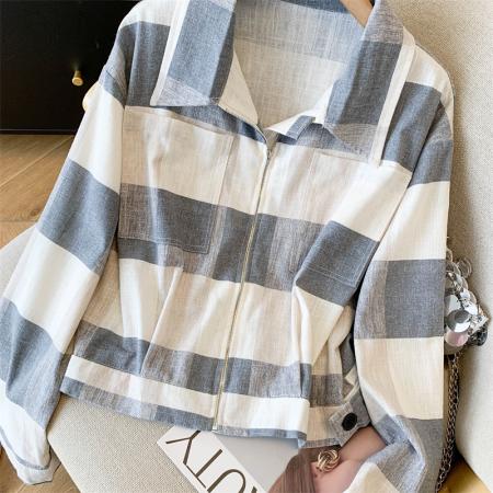亚麻格子拉链夹克外套女宽松百搭上衣 服裝批發女裝批發服飾貨源