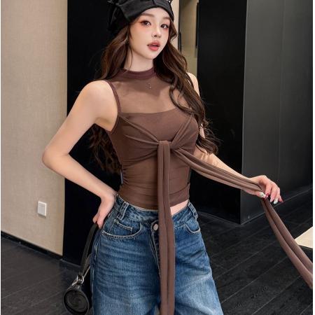 早春新款纯欲温柔风蝴蝶结网纱设计微透质感自带性感背心美背 服裝批發女裝批發服飾貨源