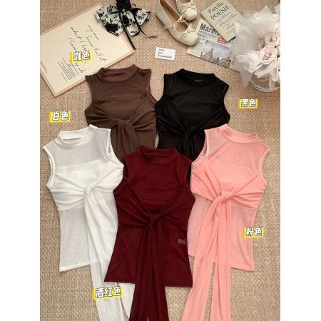 早春新款纯欲温柔风蝴蝶结网纱设计微透质感自带性感背心美背 服裝批發女裝批發服飾貨源