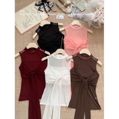 早春新款纯欲温柔风蝴蝶结网纱设计微透质感自带性感背心美背 服裝批發女裝批發服飾貨源