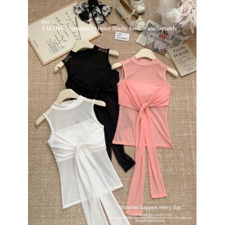 早春新款纯欲温柔风蝴蝶结网纱设计微透质感自带性感背心美背 服裝批發女裝批發服飾貨源