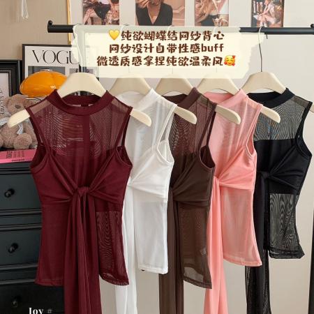早春新款纯欲温柔风蝴蝶结网纱设计微透质感自带性感背心美背 服裝批發女裝批發服飾貨源