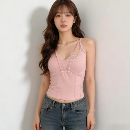 人棉纯欲蕾丝拼接压褶吊带背心早春辣妹鱼骨修身百搭打底美背 服裝批發女裝批發服飾貨源