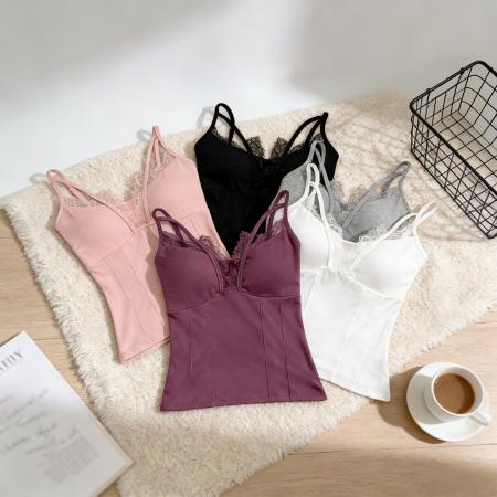 人棉纯欲蕾丝拼接压褶吊带背心早春辣妹鱼骨修身百搭打底美背 服裝批發女裝批發服飾貨源