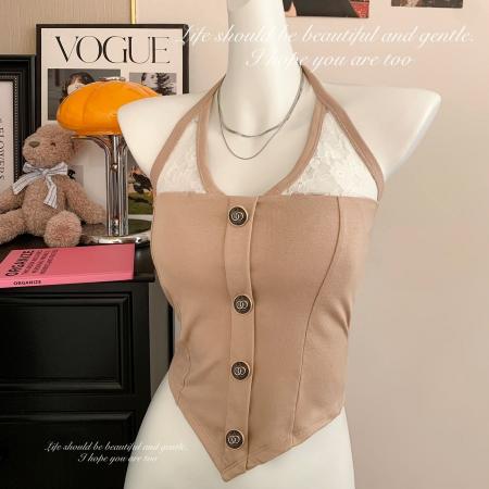 早春新款法式雷士拼接挂脖吊带鱼骨设计收腰显瘦美背背心女 服裝批發女裝批發服飾貨源