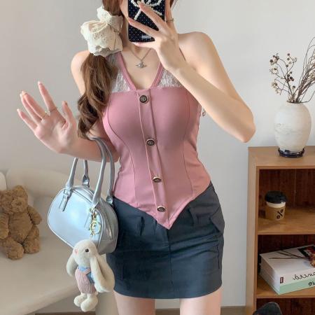 早春新款法式雷士拼接挂脖吊带鱼骨设计收腰显瘦美背背心女 服裝批發女裝批發服飾貨源