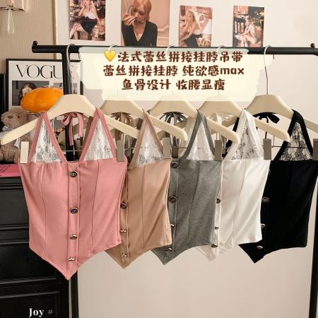 早春新款法式雷士拼接挂脖吊带鱼骨设计收腰显瘦美背背心女 服裝批發女裝批發服飾貨源