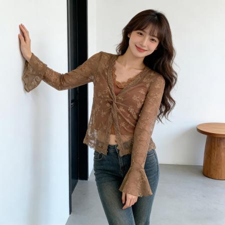 早春人棉纯欲蕾丝假两件喇叭袖T恤修身百搭长袖上衣防晒衫女 服裝批發女裝批發服飾貨源