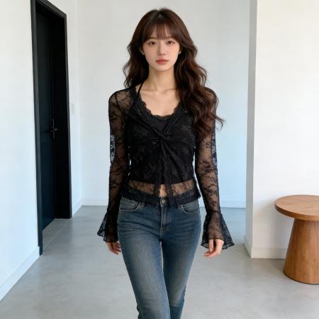 早春人棉纯欲蕾丝假两件喇叭袖T恤修身百搭长袖上衣防晒衫女 服裝批發女裝批發服飾貨源