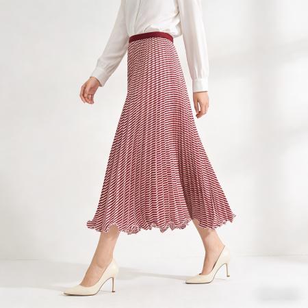 早春新款垂感百褶裙中长款高腰a字裙斜条纹简约百搭半身长裙 服裝批發女裝批發服飾貨源