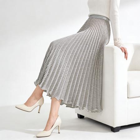 早春新款垂感百褶裙中长款高腰a字裙斜条纹简约百搭半身长裙 服裝批發女裝批發服飾貨源