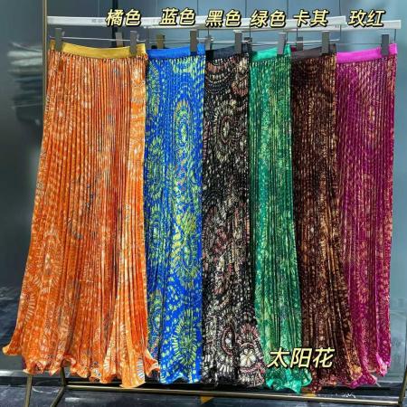 早春新款女垂感百褶裙高腰a字裙太阳花复古花纹百搭半身长裙 服裝批發女裝批發服飾貨源