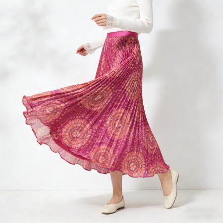 早春新款女垂感百褶裙高腰a字裙太阳花复古花纹百搭半身长裙 服裝批發女裝批發服飾貨源