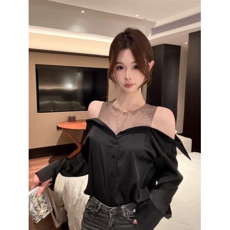 挂脖上衣女早春名媛重工烫钻一字肩衬衫假两件露肩衬衣 服裝批發女裝批發服飾貨源