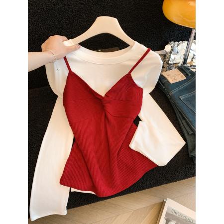 早春新款韩系简约叠穿撞色吊带背心+套头长袖T恤套装 服裝批發女裝批發服飾貨源