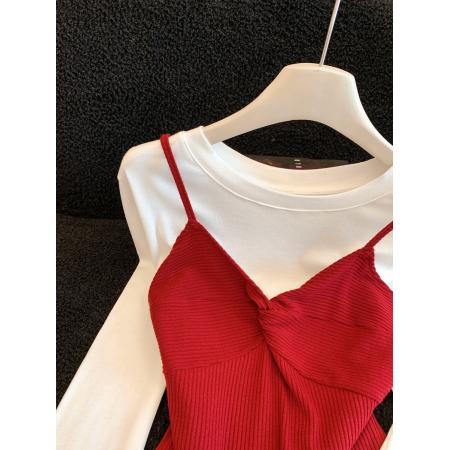 早春新款韩系简约叠穿撞色吊带背心+套头长袖T恤套装 服裝批發女裝批發服飾貨源