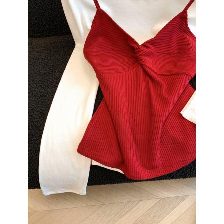 早春新款韩系简约叠穿撞色吊带背心+套头长袖T恤套装 服裝批發女裝批發服飾貨源