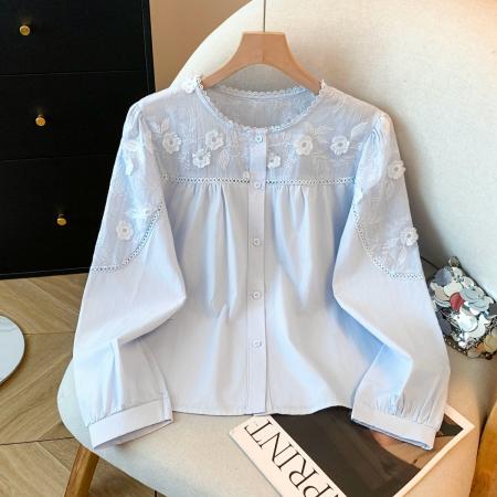 韩系甜美蕾丝花边衬衫女春新款宽松洋气系带小衫长袖上衣 服裝批發女裝批發服飾貨源