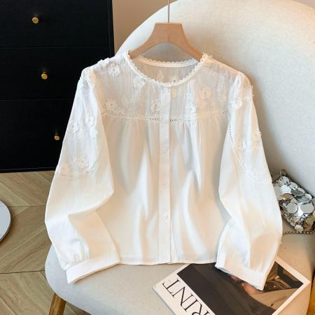 韩系甜美蕾丝花边衬衫女春新款宽松洋气系带小衫长袖上衣 服裝批發女裝批發服飾貨源
