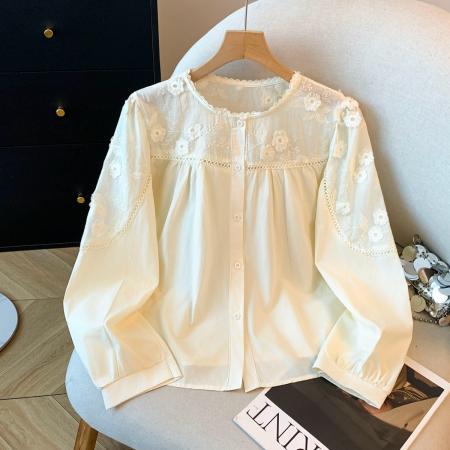韩系甜美蕾丝花边衬衫女春新款宽松洋气系带小衫长袖上衣 服裝批發女裝批發服飾貨源