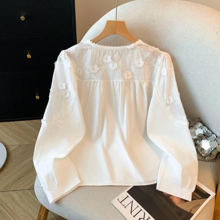 韩系甜美蕾丝花边衬衫女春新款宽松洋气系带小衫长袖上衣 服裝批發女裝批發服飾貨源