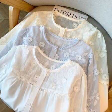 韩系甜美蕾丝花边衬衫女春新款宽松洋气系带小衫长袖上衣 服裝批發女裝批發服飾貨源