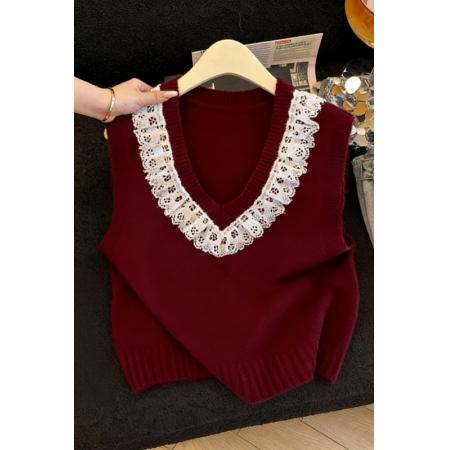 甜美蕾丝拼接针织马甲女春季新款洋气叠穿新年氛围感背心 服裝批發女裝批發服飾貨源