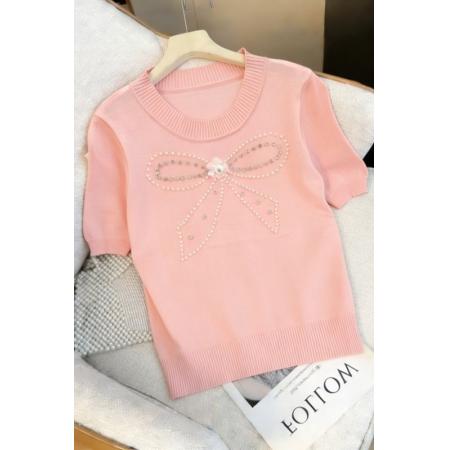 洋气减龄圆领蝴蝶结钉珠短袖t恤新款修身显瘦小个子百搭上衣 服裝批發女裝批發服飾貨源