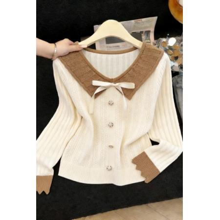 韩版时尚甜美减龄娃娃领撞色百搭长袖针织衫女春季新款 服裝批發女裝批發服飾貨源