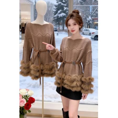 法式名媛风洋气腰带收腰针织衫女新款拼接毛毛绝美百搭毛衣裙 服裝批發女裝批發服飾貨源