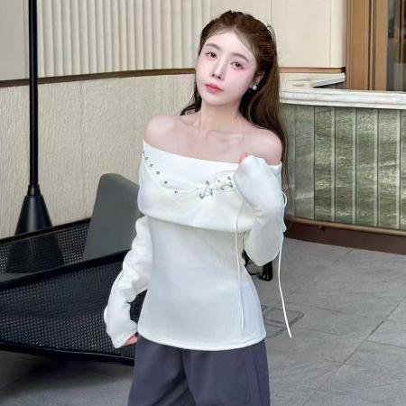 纯欲风甜妹一字肩系带长袖针织衫女春秋季新款时尚减龄显瘦上衣潮 服裝批發女裝批發服飾貨源