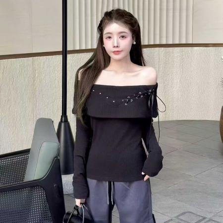 纯欲风甜妹一字肩系带长袖针织衫女春秋季新款时尚减龄显瘦上衣潮 服裝批發女裝批發服飾貨源