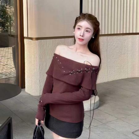 纯欲风甜妹一字肩系带长袖针织衫女春秋季新款时尚减龄显瘦上衣潮 服裝批發女裝批發服飾貨源