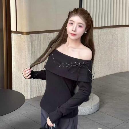 纯欲风甜妹一字肩系带长袖针织衫女春秋季新款时尚减龄显瘦上衣潮 服裝批發女裝批發服飾貨源