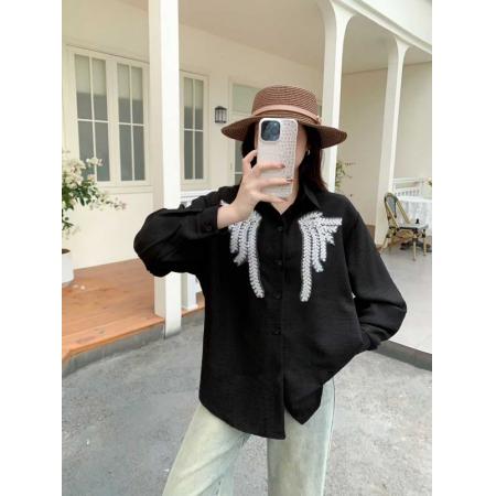重工亮片拼接翻领衬衫女春秋季新款设计感宽松时髦减龄洋气上衣潮 服裝批發女裝批發服飾貨源