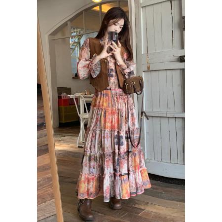 复古做旧印花连衣裙重磅8米超大裙摆蛋糕裙气质大码长裙 服裝批發女裝批發服飾貨源