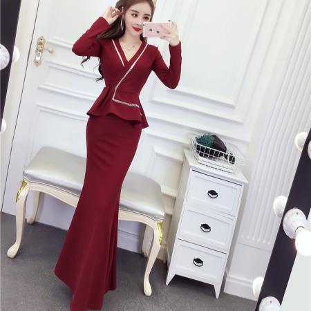 FA55450# 春网红气质修身v领礼服长裙收腰显瘦包臀连衣裙A  服裝批發女裝批發服飾貨源