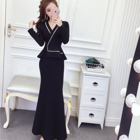 FA55450# 春网红气质修身v领礼服长裙收腰显瘦包臀连衣裙A  服裝批發女裝批發服飾貨源