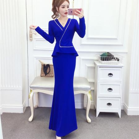 FA55450# 春网红气质修身v领礼服长裙收腰显瘦包臀连衣裙A  服裝批發女裝批發服飾貨源