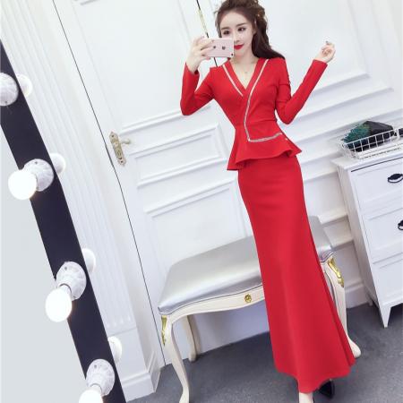 FA55450# 春网红气质修身v领礼服长裙收腰显瘦包臀连衣裙A  服裝批發女裝批發服飾貨源